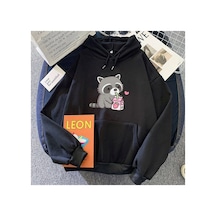 Tarzsokak Siyah Sevimli Rakun İçme Çilek Sütü Hoodies Kawaii Grafikkarikatür