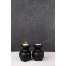 2 Li Siyah Büyük Nar Model Tealight Ahşap Şamdan Seti Dekoratif