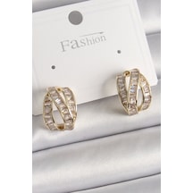 Pirinç Gold Renk Zirkon Taşlı Düğüm Halka Model Kadın Küpe Çok Renkli