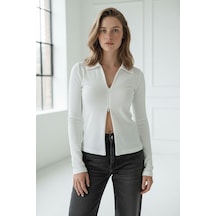 Beyaz Polo Yaka Çift Fermuarlı Slim Fit Kadın Body Mg2652 Beyaz