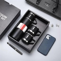 Kişiselleştirilebilir 3 Bardaklı Çelik Termos 05 Lt Siyah Siyah