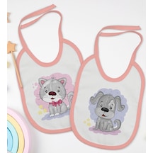 BK Kids Sevimli Kedi ve Köpek Tasarımlı 2’li Pembe Mama Önlüğü-1 Pembe