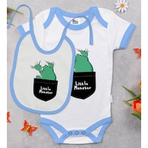 Bk Kids Little Monster Tasarımlı Mavi Bebek Body Zıbın Ve Mama Ön Çok Renkli