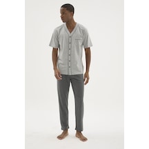 Angbutik Kocabey 2210 Erkek Battal V.yaka Boydan Düğmeli Pijama Takım Gri Melanj
