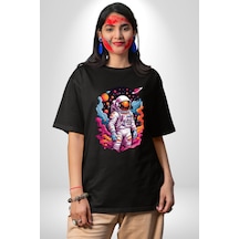 Ay Mars Astronot Pamuklu Bisiklet Yaka Unisex Oversize Boyfriend Dijital Baskılı Siyah T-shirt Siyah
