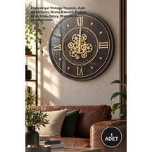 1 Adet Çarklı Duvar Saati 55 Cm Endüstriyel Vintage Tasarım, Açık Mekanizma, Roma Rakamlı Kadran, Altın Tonlu Detay, Wall Clock