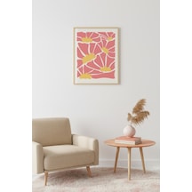 Doğal Ahşap Çerçeveli Retro Tablo - Pembe Tonlarda Soyut Çiçek Desenli Huhu2650