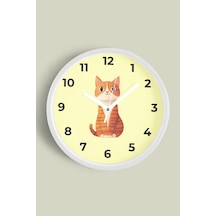 Sevimli Kedi Çocuk Odası Duvar Saati - 30cm - Önü Camlı Beyaz Kasa - Sessiz Mekanizma Beyaz