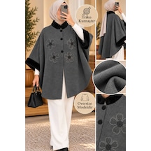 Genel Markalar Novea Scarf Çiçek Desenli Kürklü Triko Panço Gri - 936038134 Gri