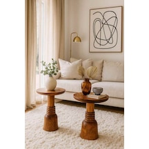 Doğal Masif Ahşap Yan Sehpa Seti 2 Li Meşe Renk Modern Zigon Fiskos - Coffee Table Meşe