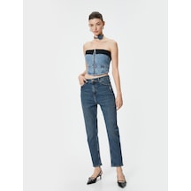 Koton Yüksek Bel Mom Kot Pantolon Esnek Cepli Dar Kalıp Pamuklu - Slim Mom Jean Orta İndigo 4sal40068md İndigo