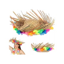 Mey İthalat Naturel Renk Püsküllü Örme Hasır Hawaii Luau Aloha Şapka 13x36 Cm "