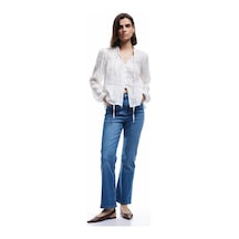 Koton Yüksek Bel Dar Kalıp Düğmeli Cepli İspanyol Paça Crop Jean Pantolon - Flare Jeans Orta İndigo 6wal40038md Indigo