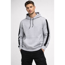 Erkek Şeritli Kapüşonlu Oversize Sweatshirt 3 İplik Pamuklu Hoodie - Beyaz