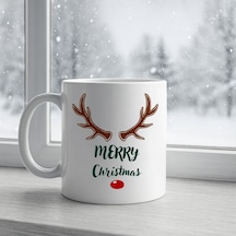 Merry Christmas Yazılı Geyik Boynuzlu Yılbaşı Kupası Model 212 Baskılı Seramik Kahve Kupası Çok Renkli