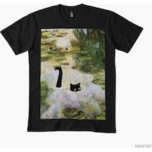 Flood Of Style Kedi Baskı Monet Nilüfer T-shirt Erkekler Kadınlar Için % 100% Pamuk T Shirt Kısa Kollu Üstle Siyah