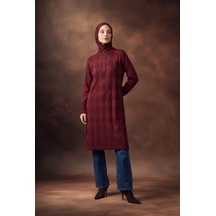 Armine Trend Baklava Desenli Fermuar Yaka Uzun Triko Tunik Bordo 25ktd4112