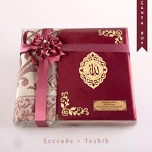 Seccade + Tesbih + Kuran Hediye Seti Çanta Boy, Kadife, Bordo, Lafzatullah