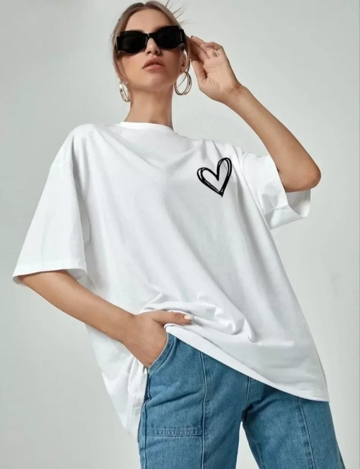Dogutrend Bisiklet Yaka Baskılı Oversize T-shirt - Beyaz