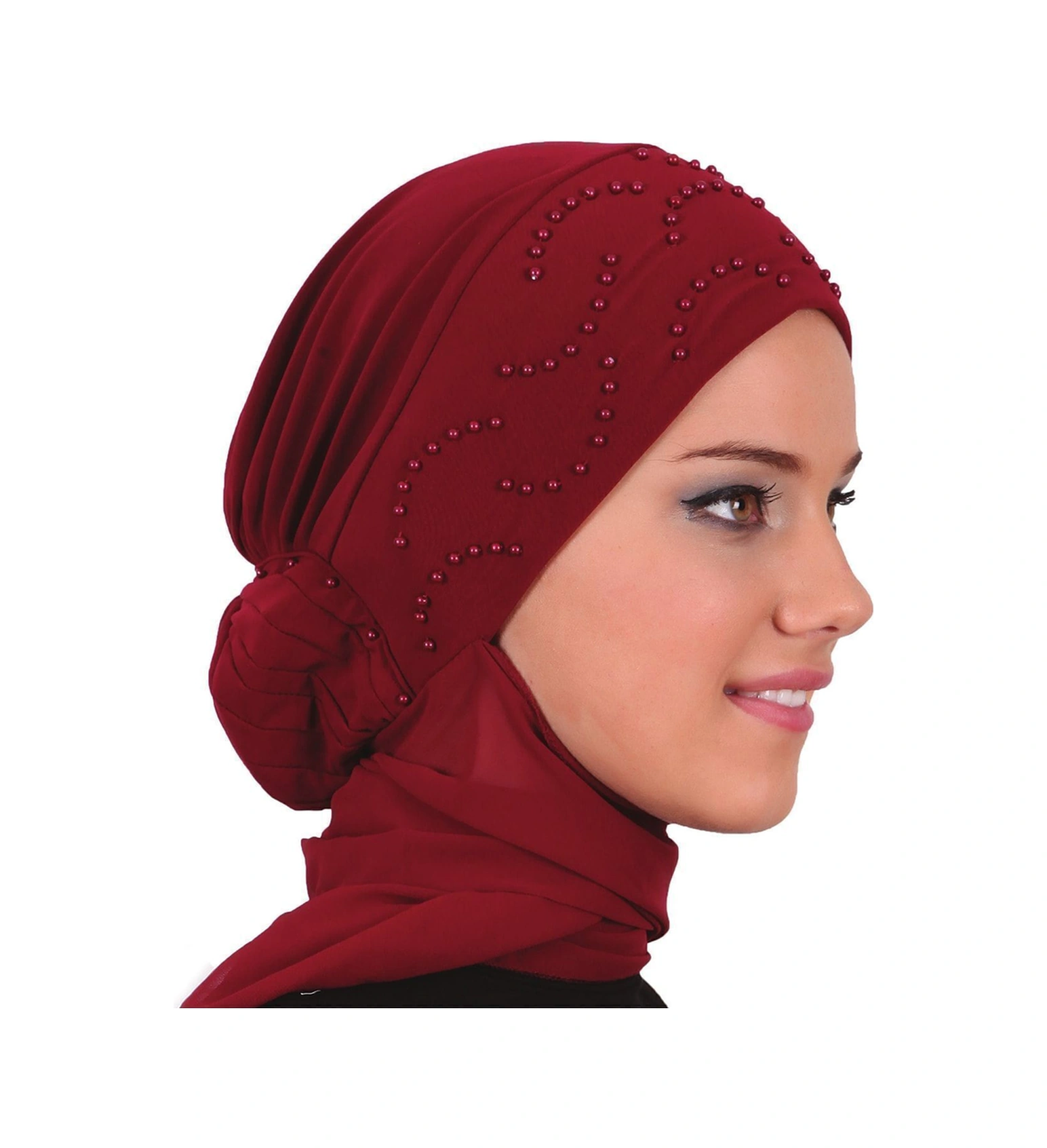 Elysianfidan Topuzlu Atkılı Bordo Hazır Türban Tesettür Bone Bordo