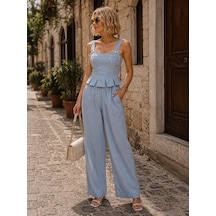 Ibeeka- Keten Bebe Mavisi Casul Chic Bluz - Pantolon Bluz Alt Üst Takım Bebe Mavi