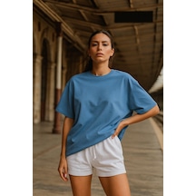 Kadın Mavi %100 Pamuk Oversize Basic Tişört Rahat Kalıp Relaxed Bisiklet Yaka T-shirt Çok Renkli