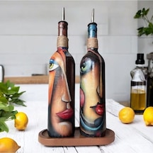 Özel Tasarım Renkli Yüz Desenli 750 Ml Zeytinyağı Sıvıyağ Şişesi, Yağdanlık, Yağlık, Sosluk 2'li Set Çok Renkli