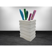Kalemlik Kare Çizgili Model Seramik Ofis Gereci 8x6x11cm Beyaz - Çok Renkli