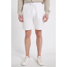 Tudors Erkek Regular Fit Rahat Kesim Müslin %100 Pamuk Beli Lastikli Cepli Bağcıklı Beyaz Şort-46256