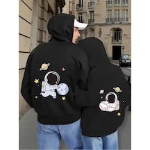 Nevermind Sevgili Çift Kombini Astronot Temalı Siyah Hoodie Takımı Pamukl Siyah