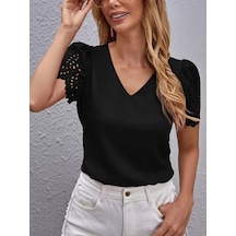 Butik İstanbul Kadın Kısa Kollu V Yakalı Kolu Dantelli Dubai Bluz Siyah