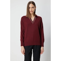 On Fashion Kadın Yakası Zincirli Polo Yaka Bordo Kazak 66336 Bordo