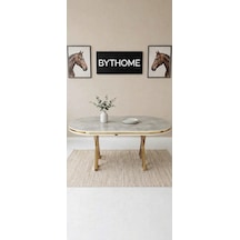 Lak Panel Rampla Gold Pvc Li Sabit Yemek Masası, Mutfak Masası, Salon Masası Beyaz Mermer Desen Masa Ayaklar Gold