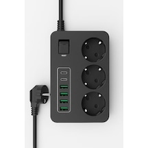 Çoklu Priz 3 Ac Soket + 5 Usb 2 Usb-c, 3 Usb-a - 2 Metre Kablo, Çocuk Korumalı, 3000w Güç, Isıya Dayanıklı, Anahtarlı Uzatma Kablosu