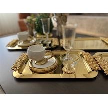 Atabey Home Collection 6 Adet Kahve & Çay & Sunum Tepsisi Uzun Gold Güllü Tepsi 30 Cm