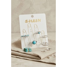 Bay Gümüş Renk Pirinç Mavi Taş Detaylı Bohem Yüzük Kombini Byk4275 Najmaddin Standart