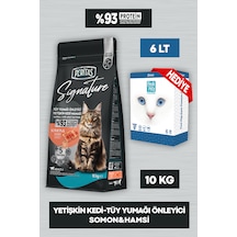 Signature Somonlu Yetişkin Tüy Yumağı Önleyici Kedi Maması 10 Kg Fresh Paty Clinic 6 Lt Kum Hediyeli
