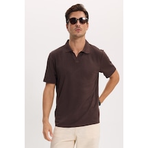 Tudors Erkek Slim Fit Dar Kesim Pamuklu Kısa Kollu Çizgili Kahverengi Polo V Yaka Tişört-51126