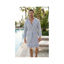 Kapşonlu Unisex Peştemal Plaj Bornozu %100 Pamuklu Seaside Stripe Mavi
