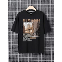 T-shirt - Nyc Baskılı Oversize Bisiklet Yaka Kısa Kol Tişört Siyah