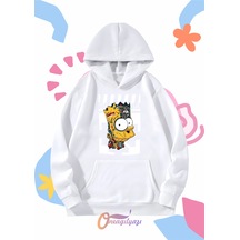 Çocuk Unisex Simpson Baskılı Oversize Kapüşönlü Sweatshirt BEYAZ