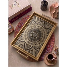 Mandala Desenli Dekoratif Tepsi Gold Çerçeveli Kulplu Çay Kahve & Sunum Tepsisi