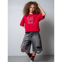 Zekids Kız Çocuk 14 Lıfe Yazılı Pamuklu Tshirt-15795 Kırmızı