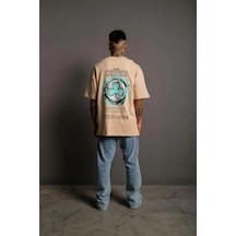 Barlashive Erkek Kısa Kol Yazlık Tişört Bisiklet Yaka Baskılı Oversize T-shirt - Bej Çok Renkli
