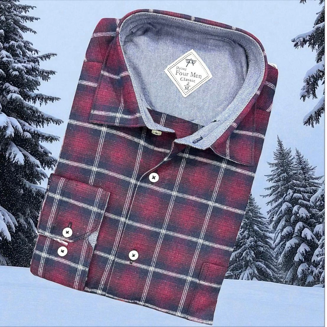 Klasik %100 Cotton Uzun Kollu Terletmeyen Kışlık Flanel Kumaş Kırmızı Gömlek Regular Kalıp -10377 Kırmızı