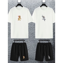 Unisex Kadın Erkek Sevimli Tom Ve Jerry Baskılı Sevgili Çift Kombini Tasarım Oversize Tshirt Ve Şort Beyaz Mck2454 Beyaz