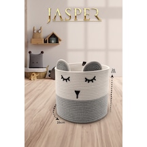 Jasper Gri Tekli Jüt İp Panda Tasarımlı Çok Amaçlı Çocuk Odası Oyuncak Kıyafet Kirli Sepeti Organizer 26x26cm Beyaz
