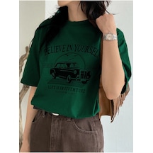 Believe In Yourself T-shirt - Yeşil Baskılı Oversize Bisiklet Yaka Kısa Kol Tişört Yeşil