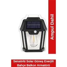 Sensörlü Solar Güneş Enerjili Bahçe Balkon Armatürü- Sarı Işık Rustik Ampul Dahil