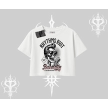 Tarzsokak Oversize Crop Tshirt Rhythms Riot Vintage Rockabilly Skull Street Aesthetic Beyaz